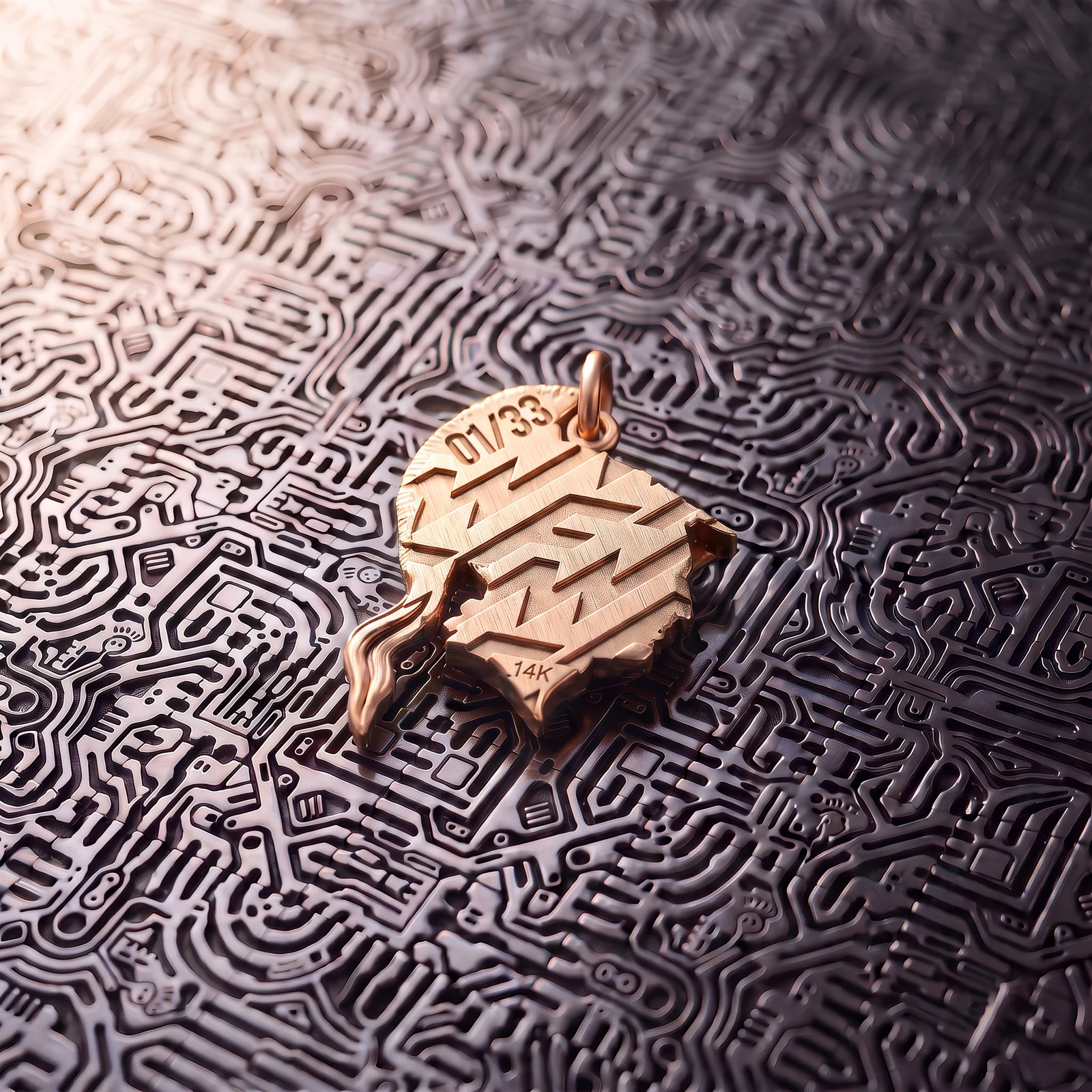 Achilles 14K gold Totem numbered 01 of 33 on a patterned metal surface