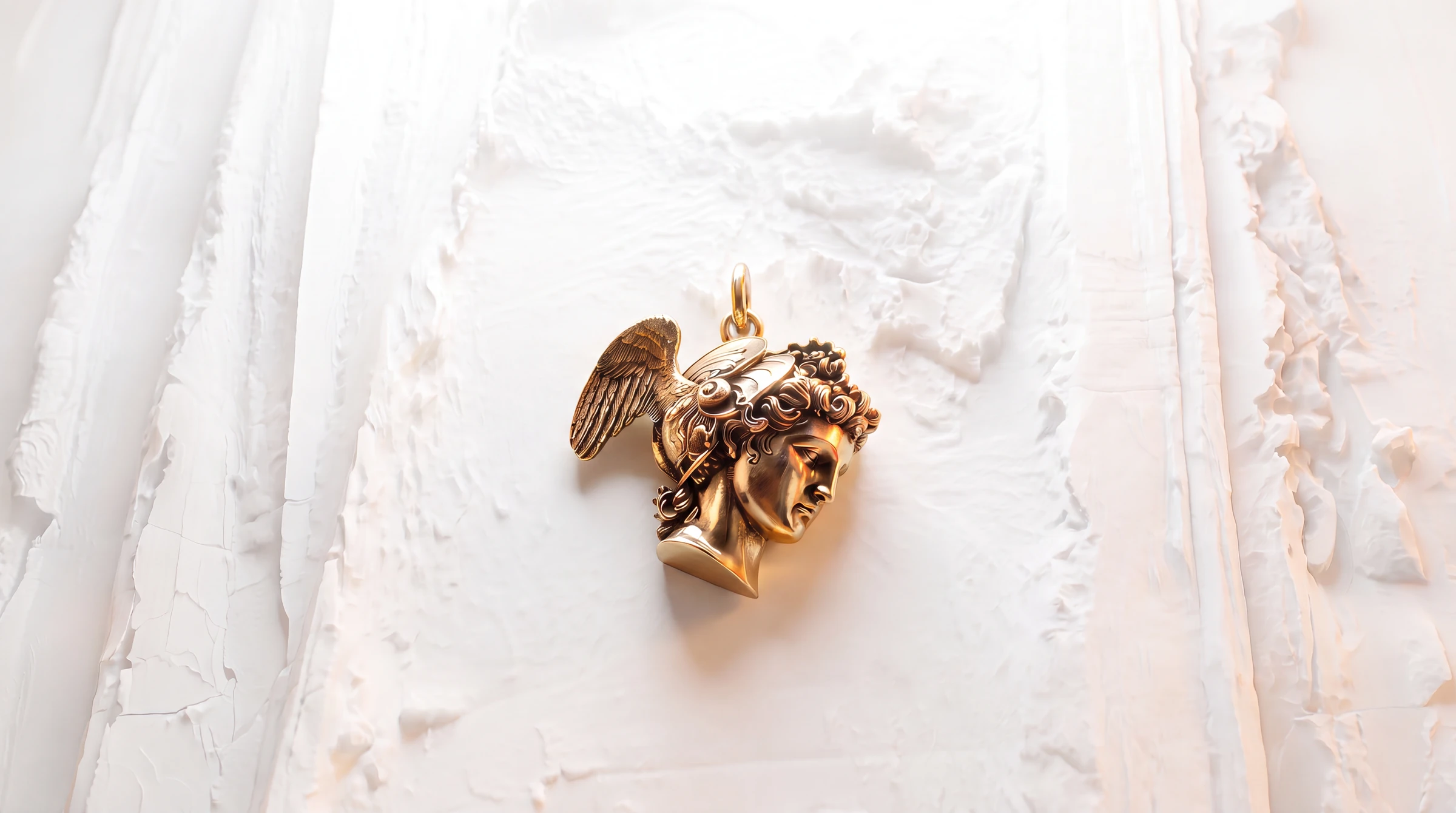 Gold winged Totem against a luminous carved white relief