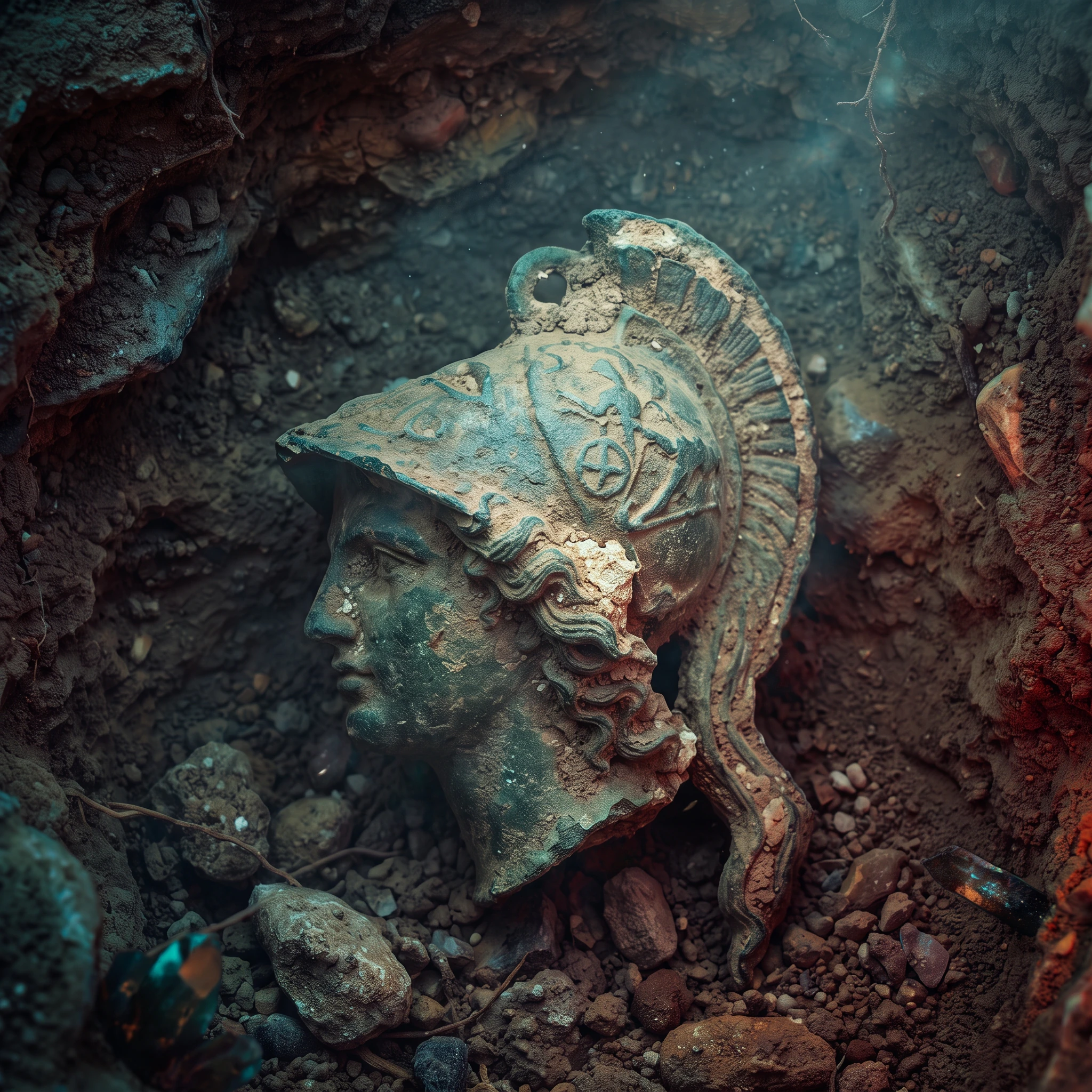 Weathered helmeted warrior artifact emerging from an excavation pit