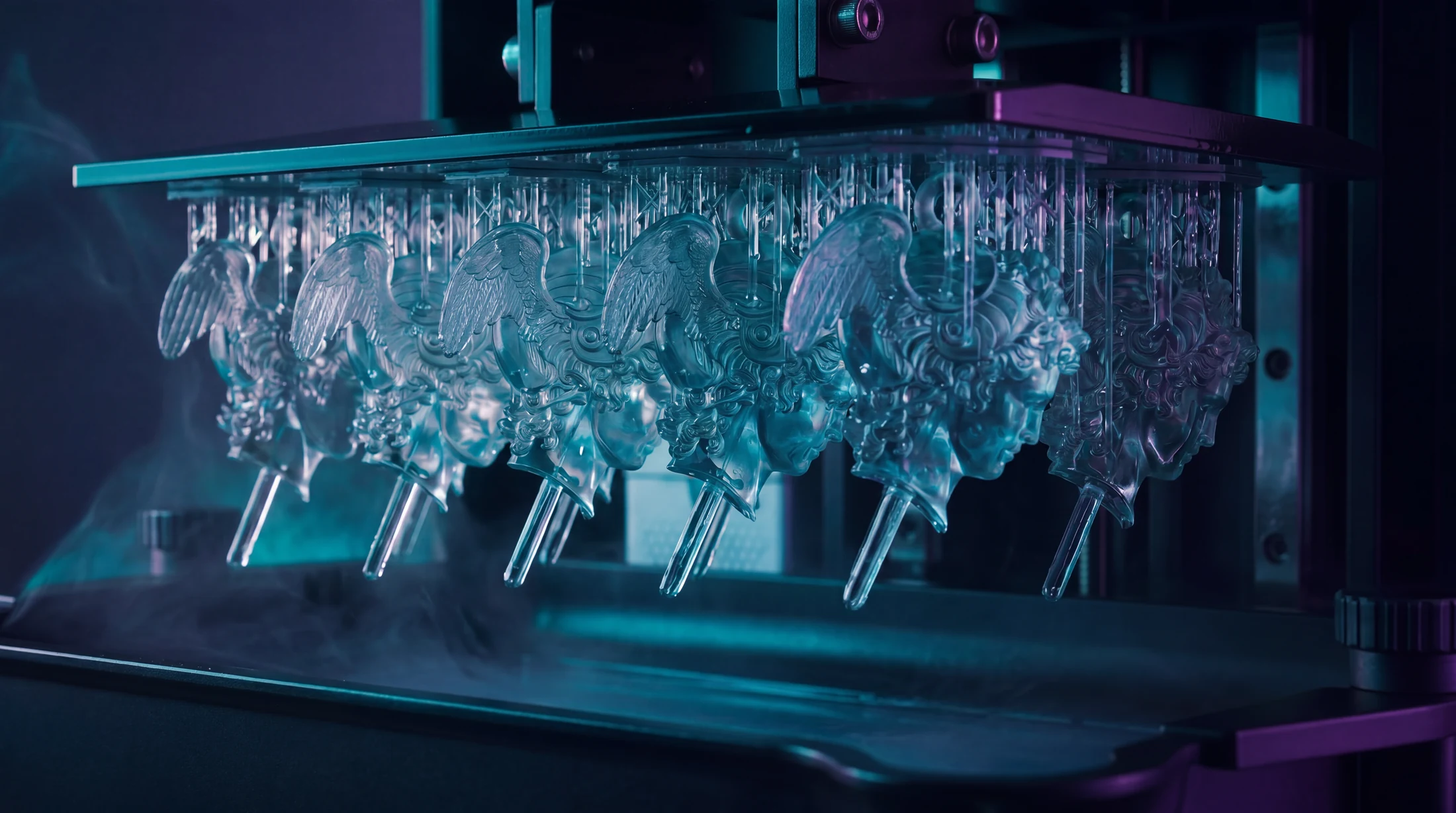 Rows of translucent jewelry forms suspended inside a resin printer