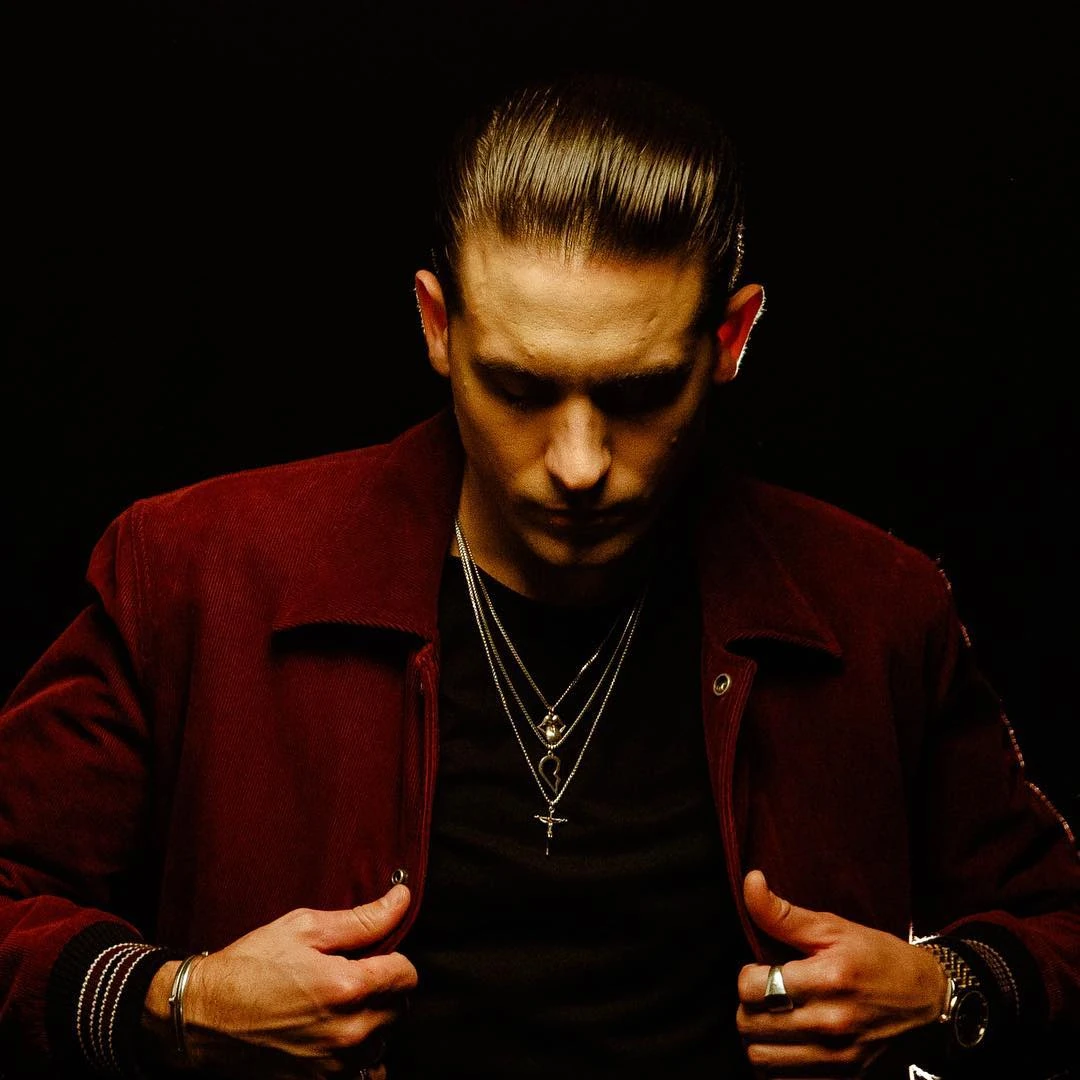G-Eazy wearing layered Frank Wilder necklaces
