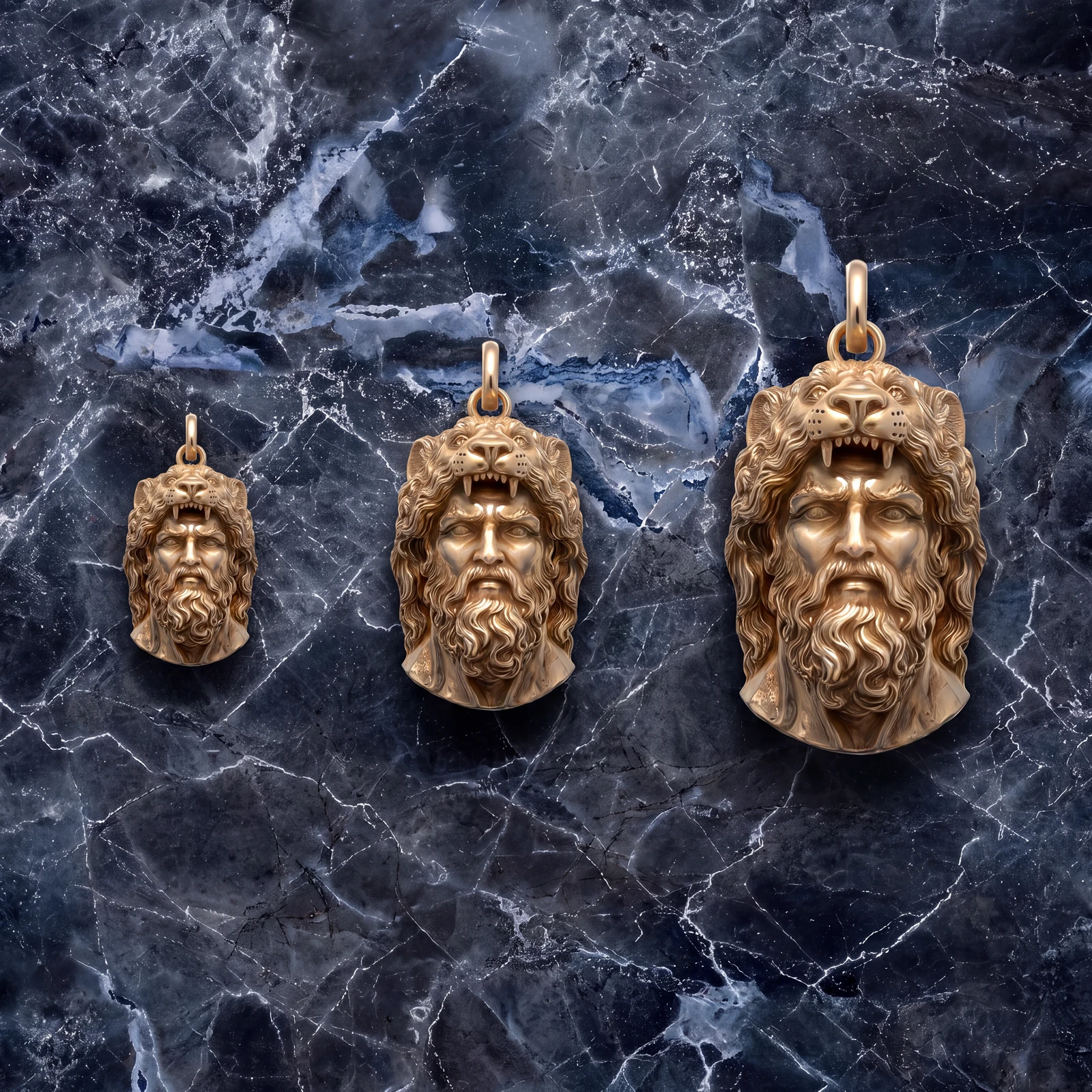 Nano, Micro and Mega Hercules II Totems in gold on dark marble